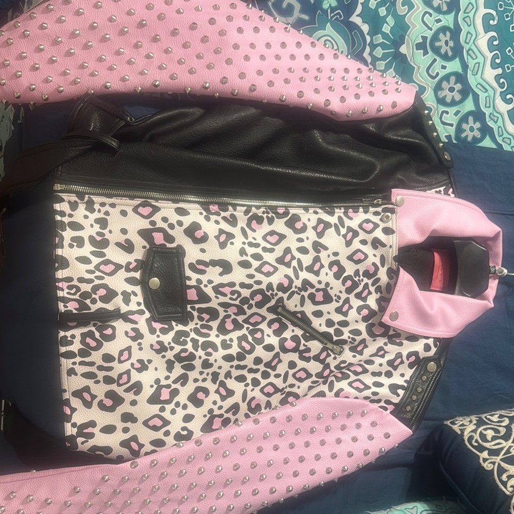 Bold Pink and Black Leather Jacket with Animal Print